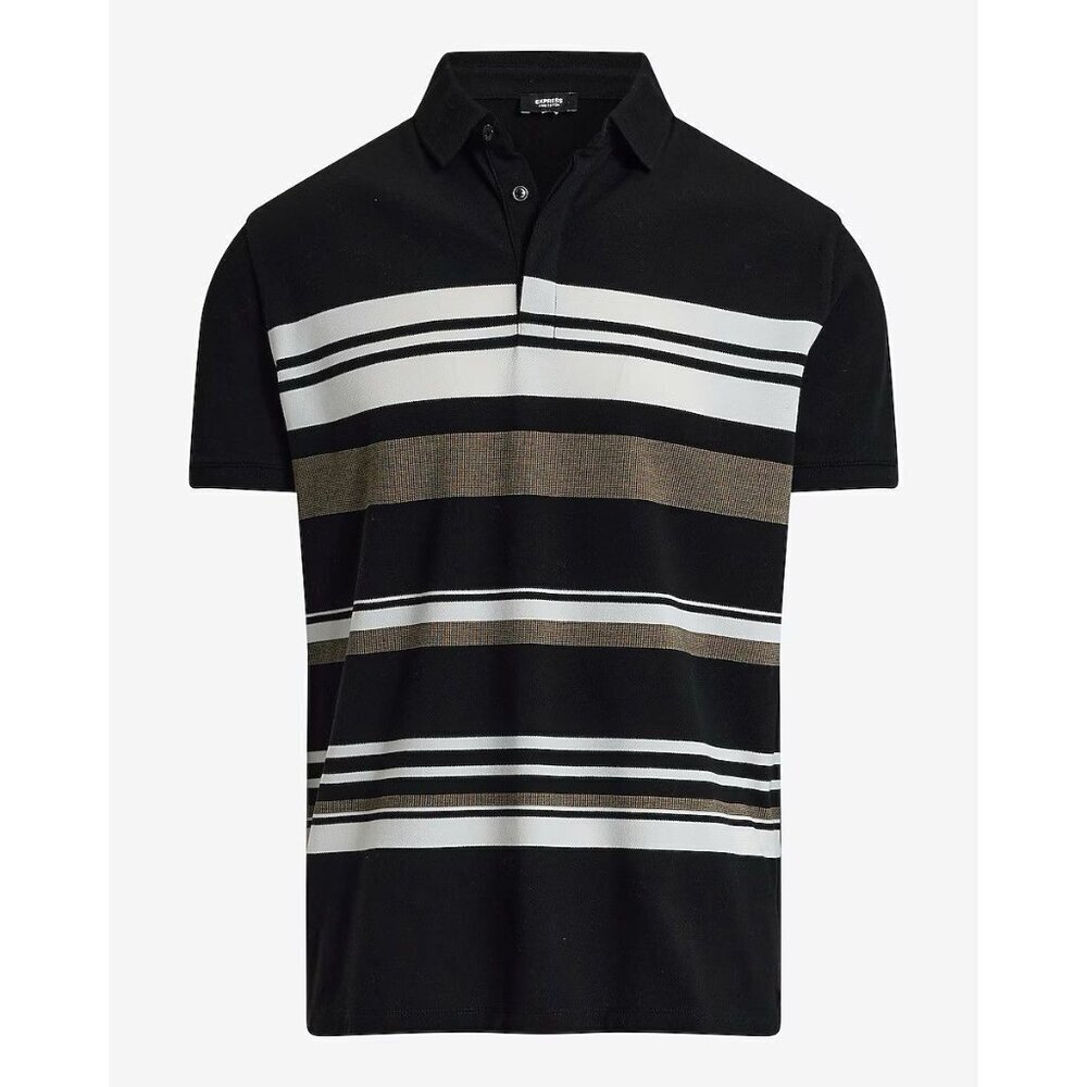 Express Men's Perfect Pima Cotton Pique Polo Size L Black Multi Striped NWT $64